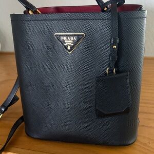 Prada Black Saffiano Leather Tote with Red Interior Trim